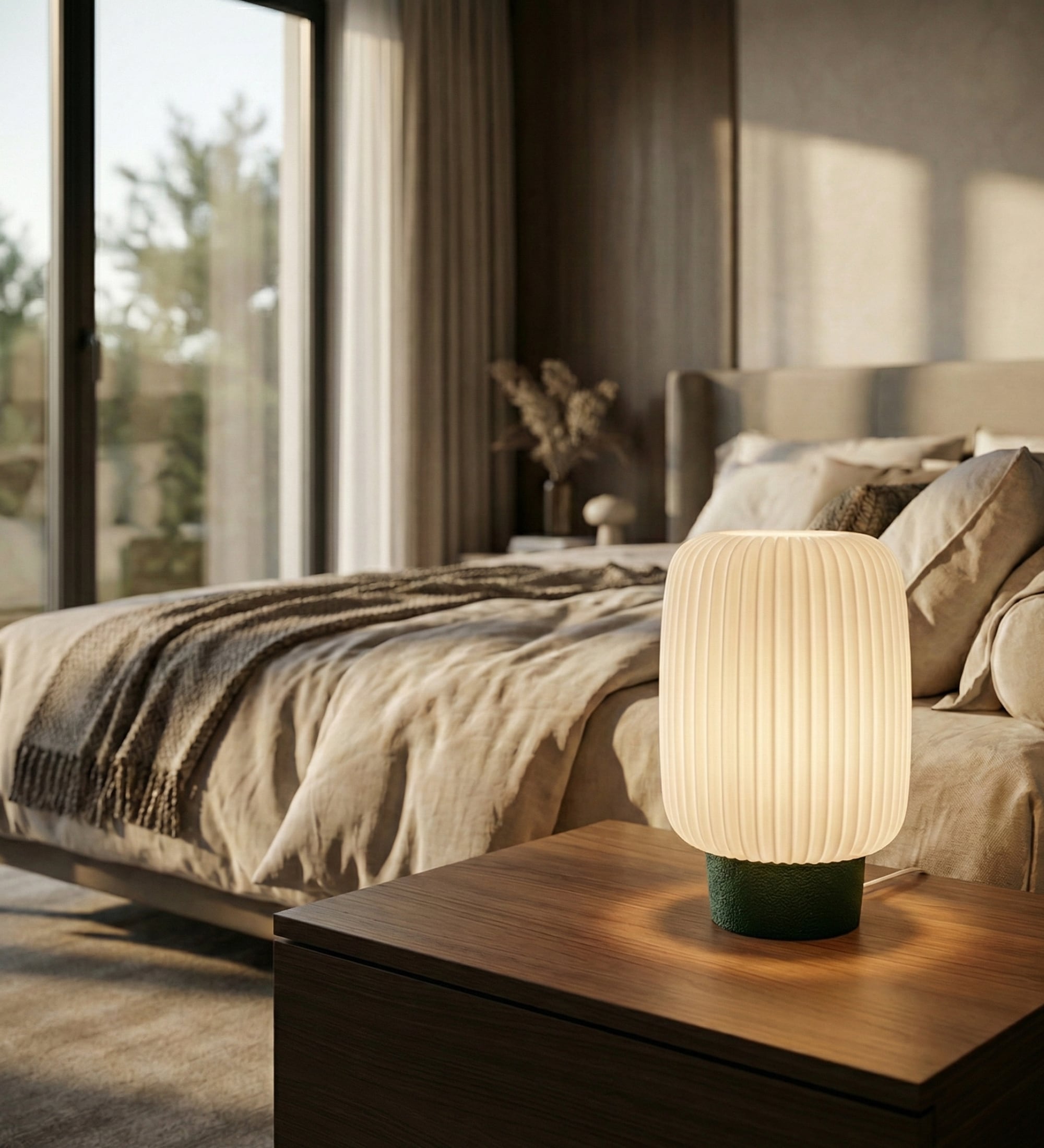 Lampada Aura Plissé con base verde ambientata accanto a un letto contemporaneo