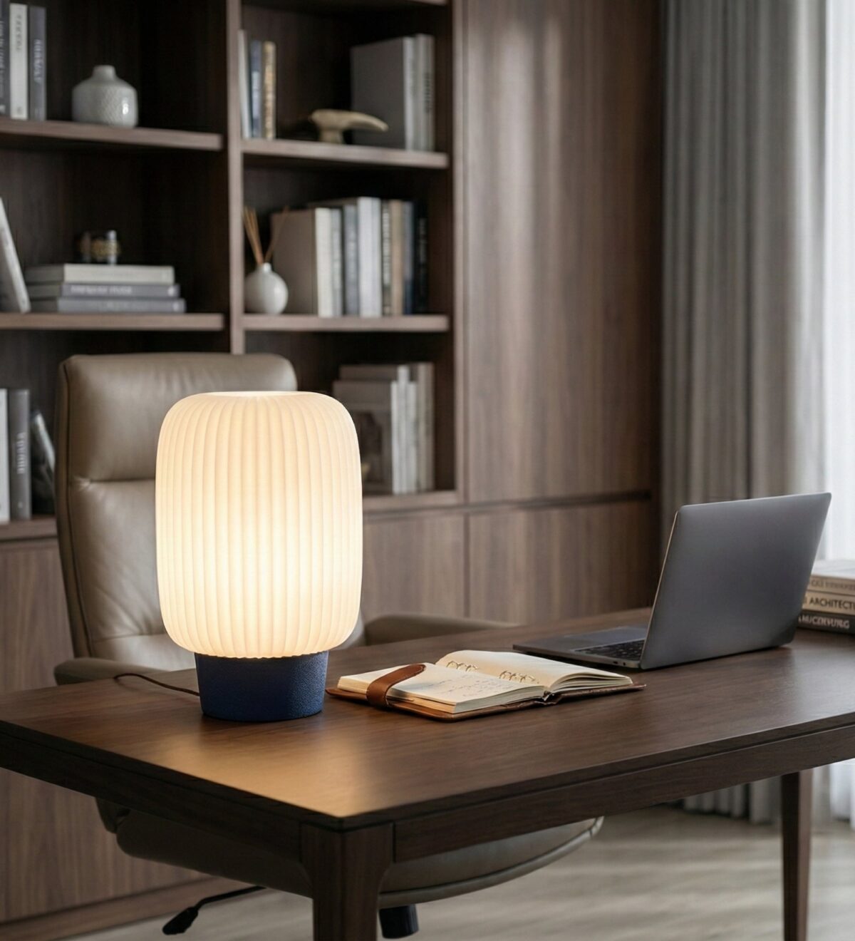 Lampada Aura Plissé blu notte sulla scrivania davanti alla libreria
