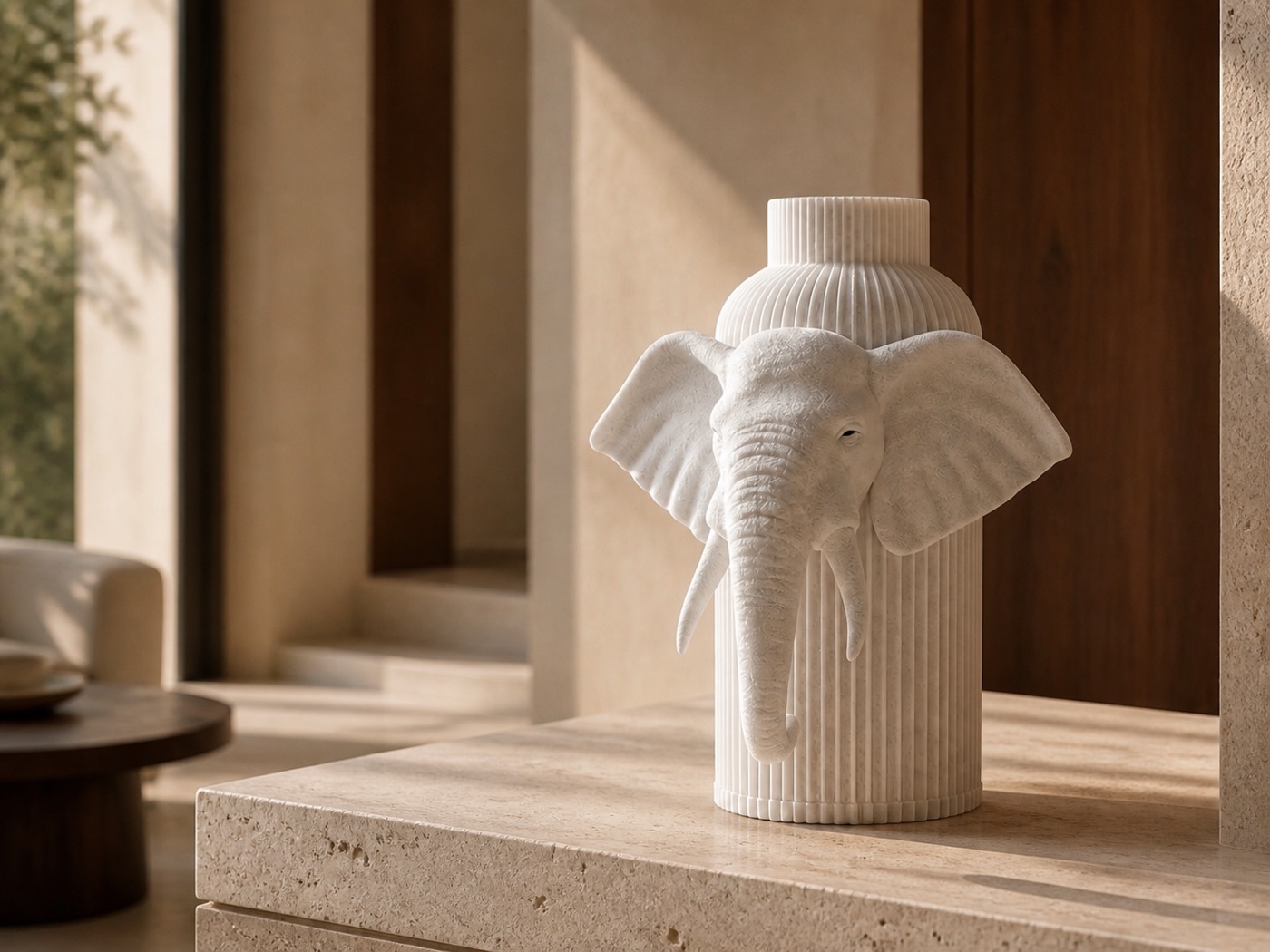 Vaso Elefante Savana King bianco ambientato in un interno contemporaneo