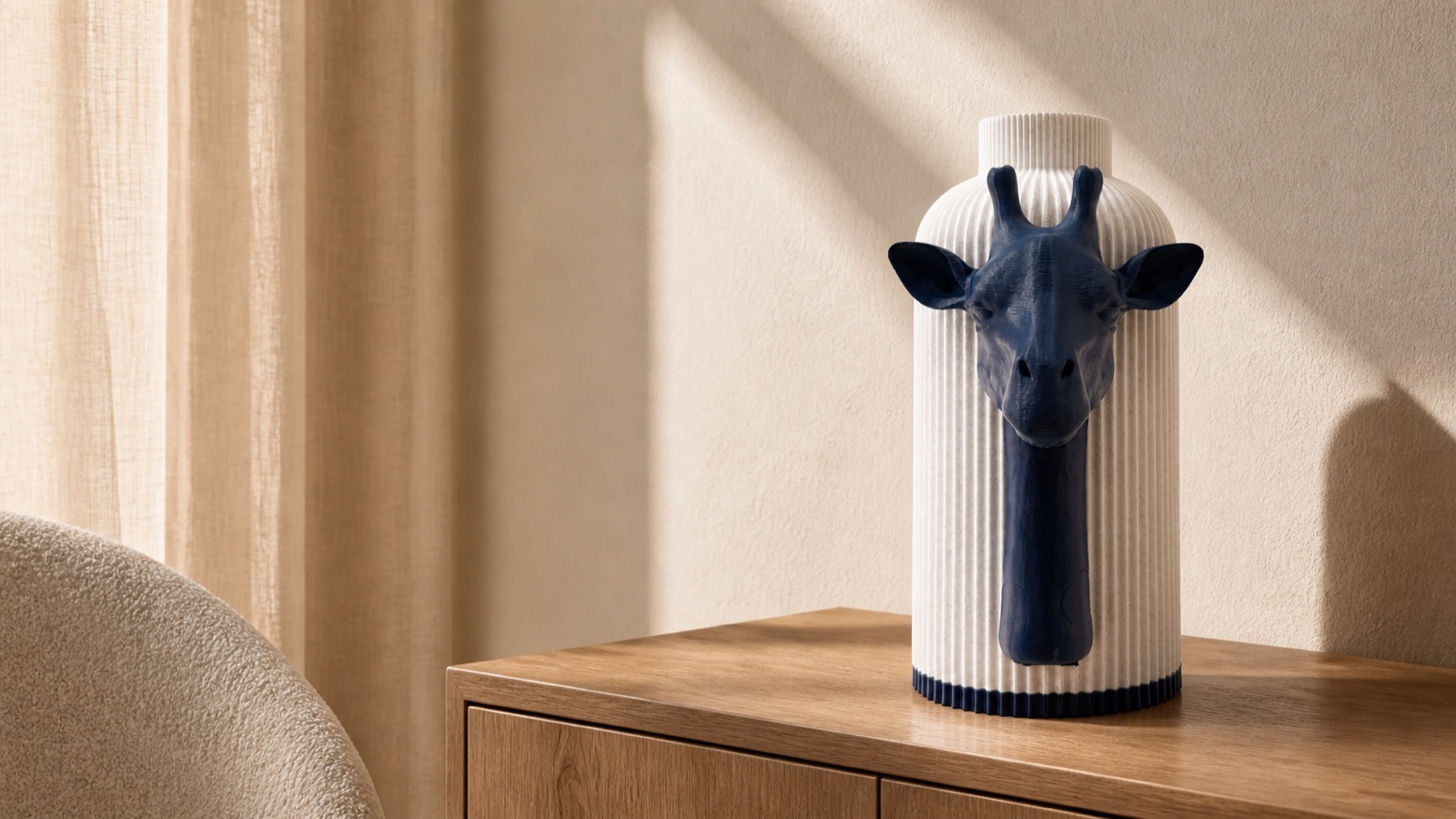 Vaso Giraffa Savana King bianco e blu ambientato in un angolo lettura