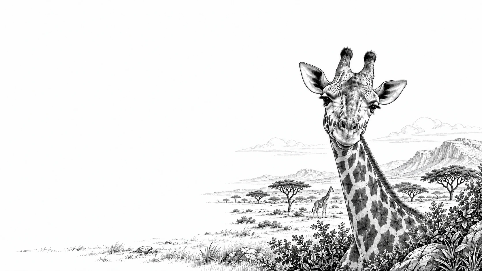 Illustrazione in bianco e nero di una giraffa nella savana, per il racconto Savana Kings.