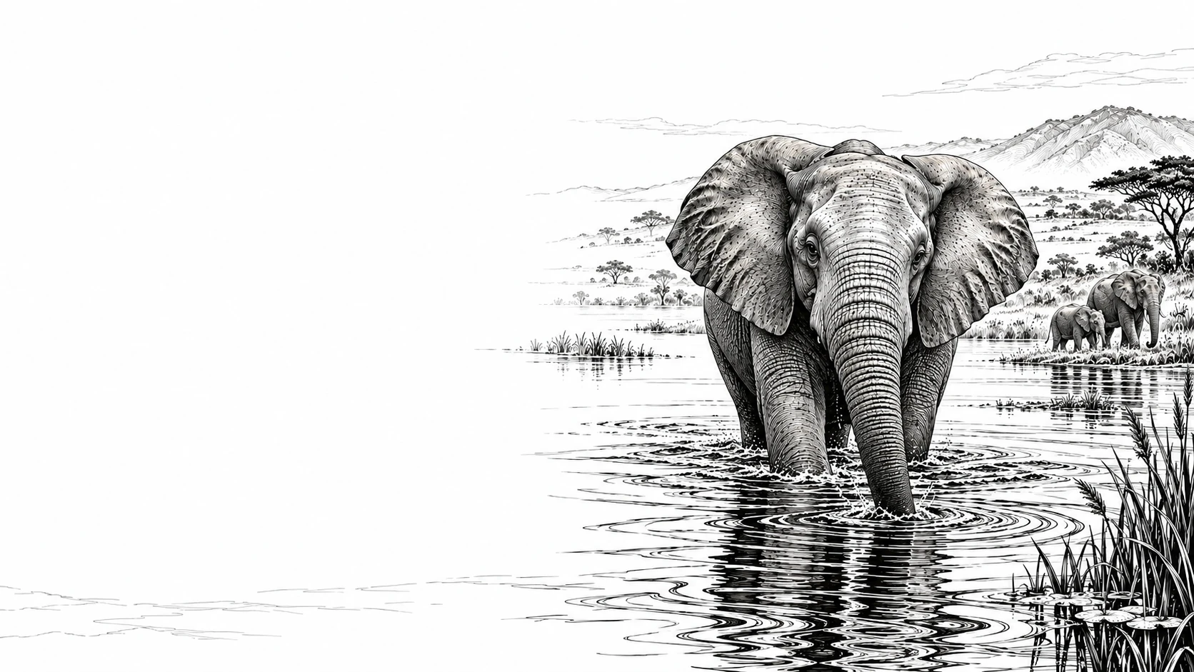 Illustrazione in bianco e nero di un elefante che attraversa l’acqua, per il racconto Savana Kings.