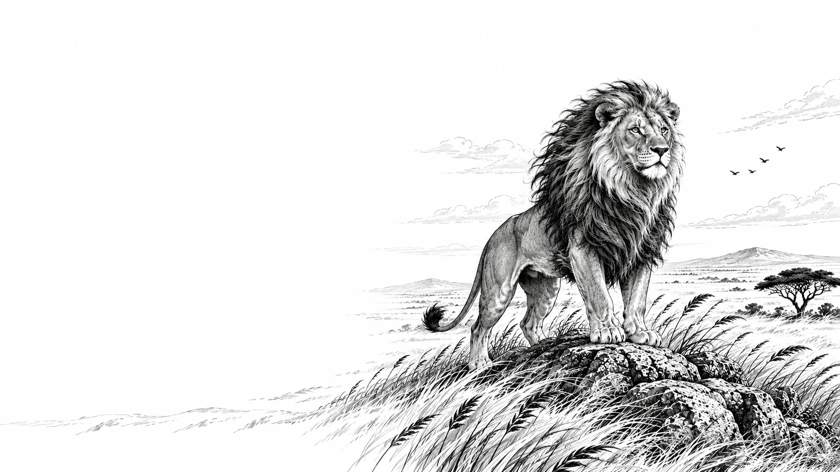 Illustrazione in bianco e nero di un leone su una roccia nella savana, per il racconto Savana Kings.