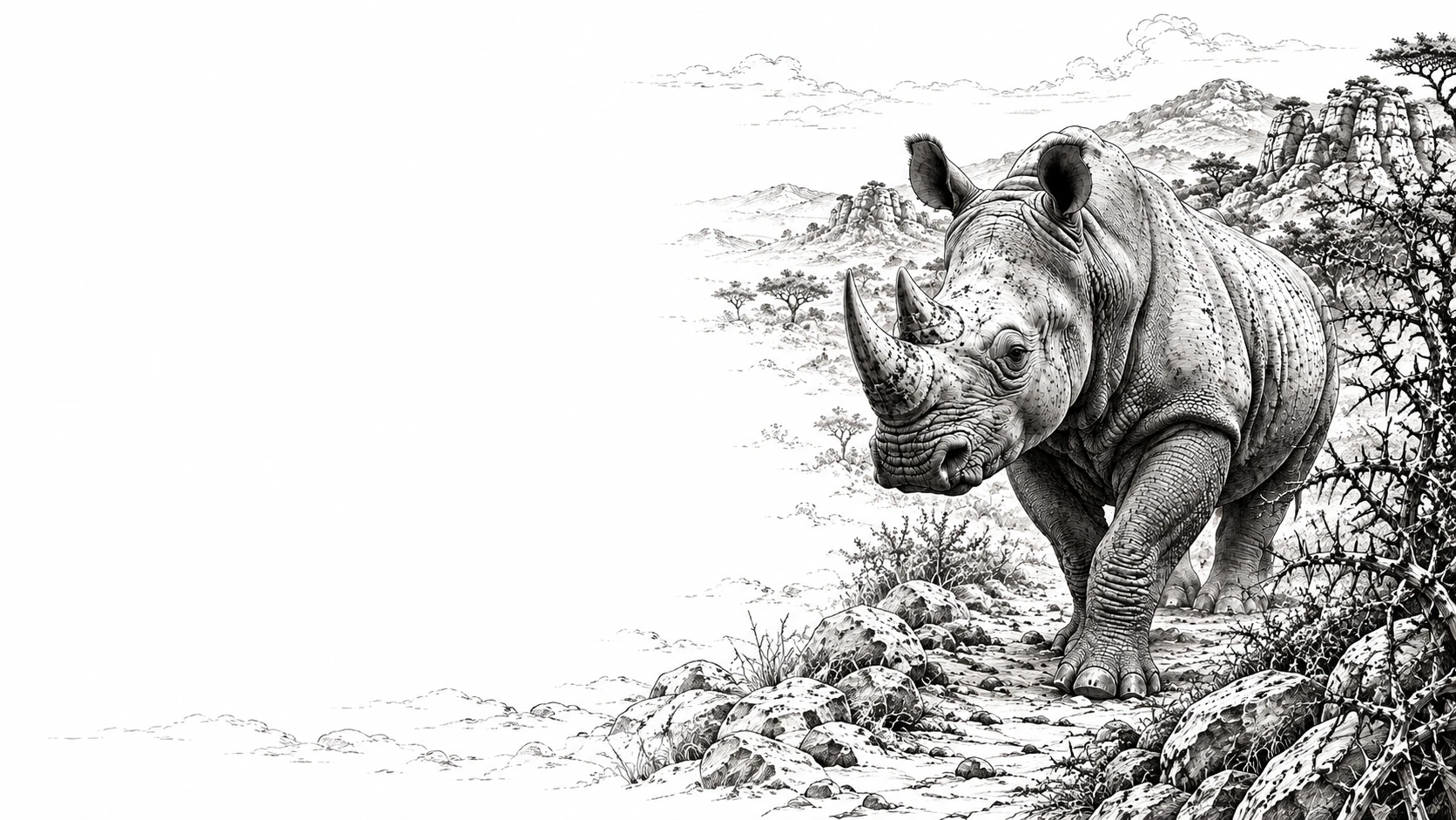 Illustrazione in bianco e nero di un rinoceronte fra le rocce, per i principi Savana Kings.
