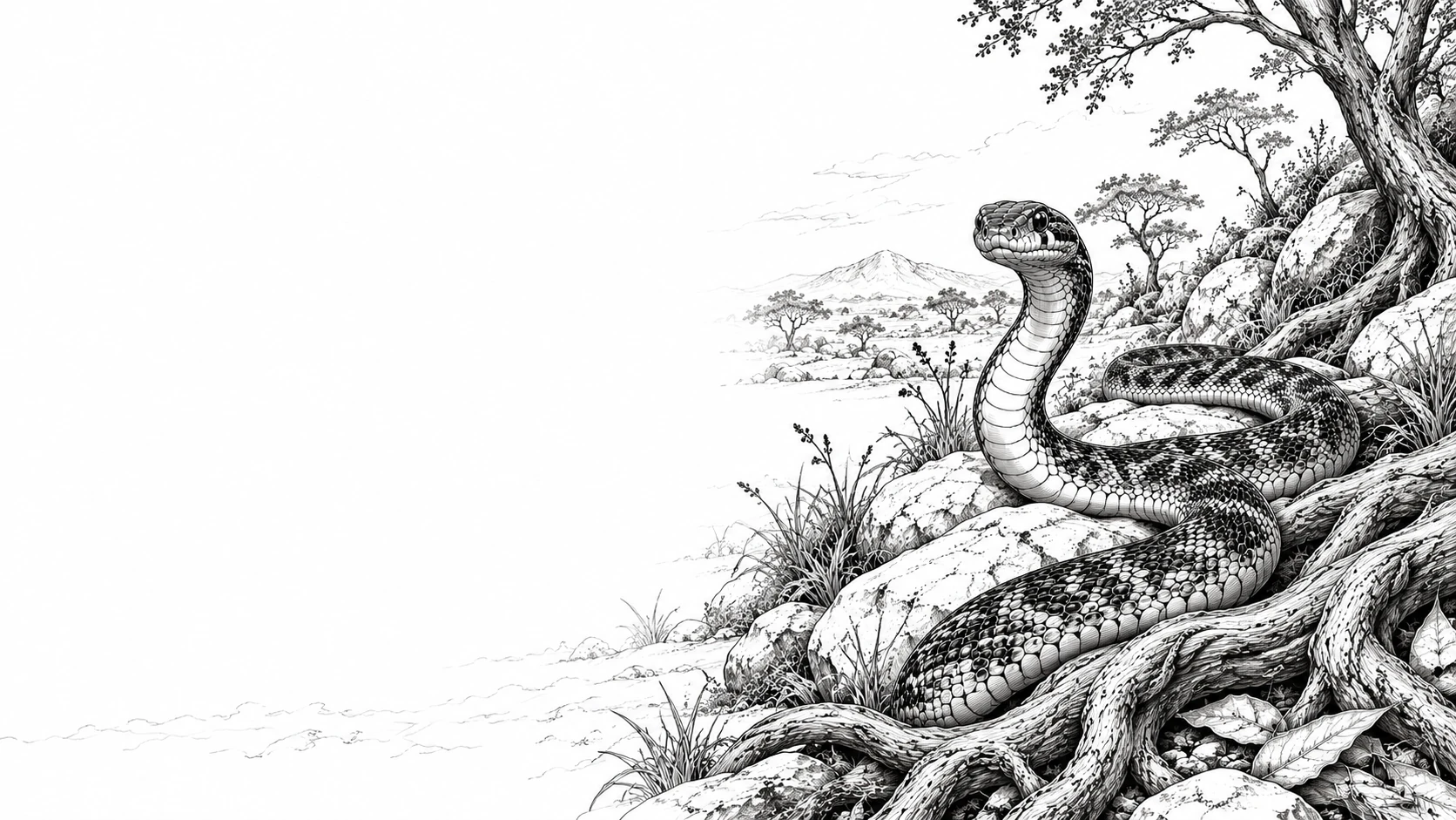 Illustrazione in bianco e nero di un serpente fra radici e rocce, per i principi Savana Kings.