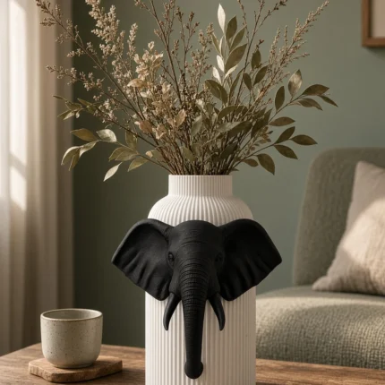Vaso Elefante bianco e nero della Black and White Collection, ambientato con rami decorativi e foglie secche.