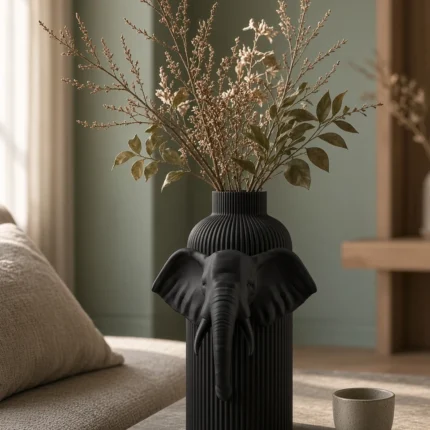 Vaso Elefante Maestoso nero della Black Collection, ambientato con rami decorativi e foglie secche.