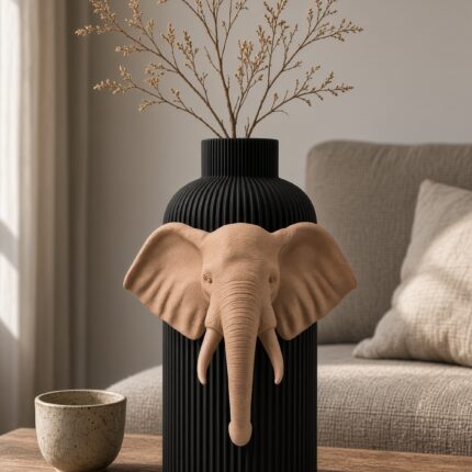 Vaso Elefante Black Creme, corpo nero con decorazione e bordo alla base color crema, ambientato con rami secchi.