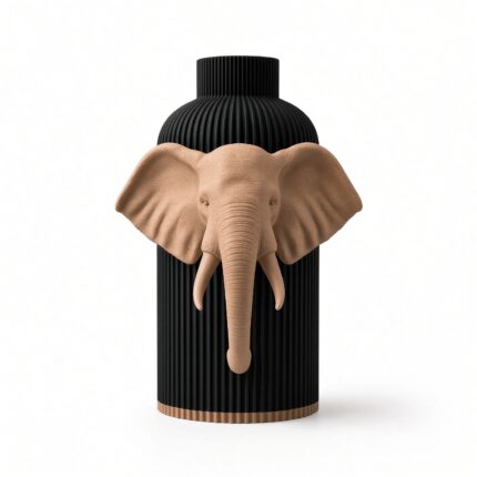 Vaso Elefante Black Creme, corpo nero con decorazione e bordo alla base color crema, vista frontale su fondo bianco.