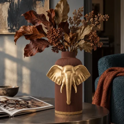 Vaso Elefante Maestoso marrone con decorazione color oro, ambientato con una composizione di rami secchi.