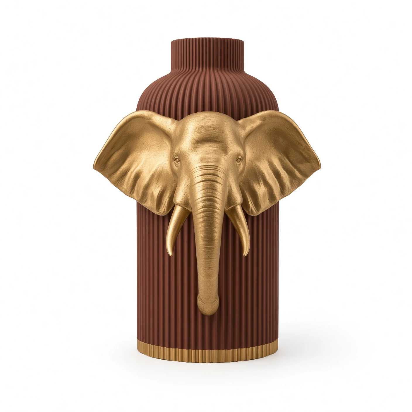 Vaso Elefante Maestoso Brown and Gold — frontale Vaso Elefante Maestoso marrone con decorazione color oro, vista frontale su fondo bianco.
