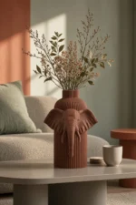Vaso Elefante marrone della Brown Collection, ambientato con rami decorativi e foglie secche.