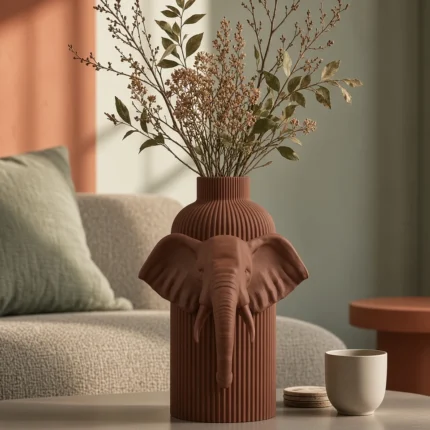 Vaso Elefante marrone della Brown Collection, ambientato con rami decorativi e foglie secche.