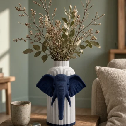 Vaso Elefante con corpo chiaro effetto marmo e decorazione blu notte, della Marble and Blue Collection, ambientato con rami decorativi e foglie secche.