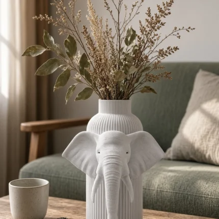 Vaso Elefante chiaro effetto marmo della Marble Collection, ambientato con rami decorativi e foglie secche.