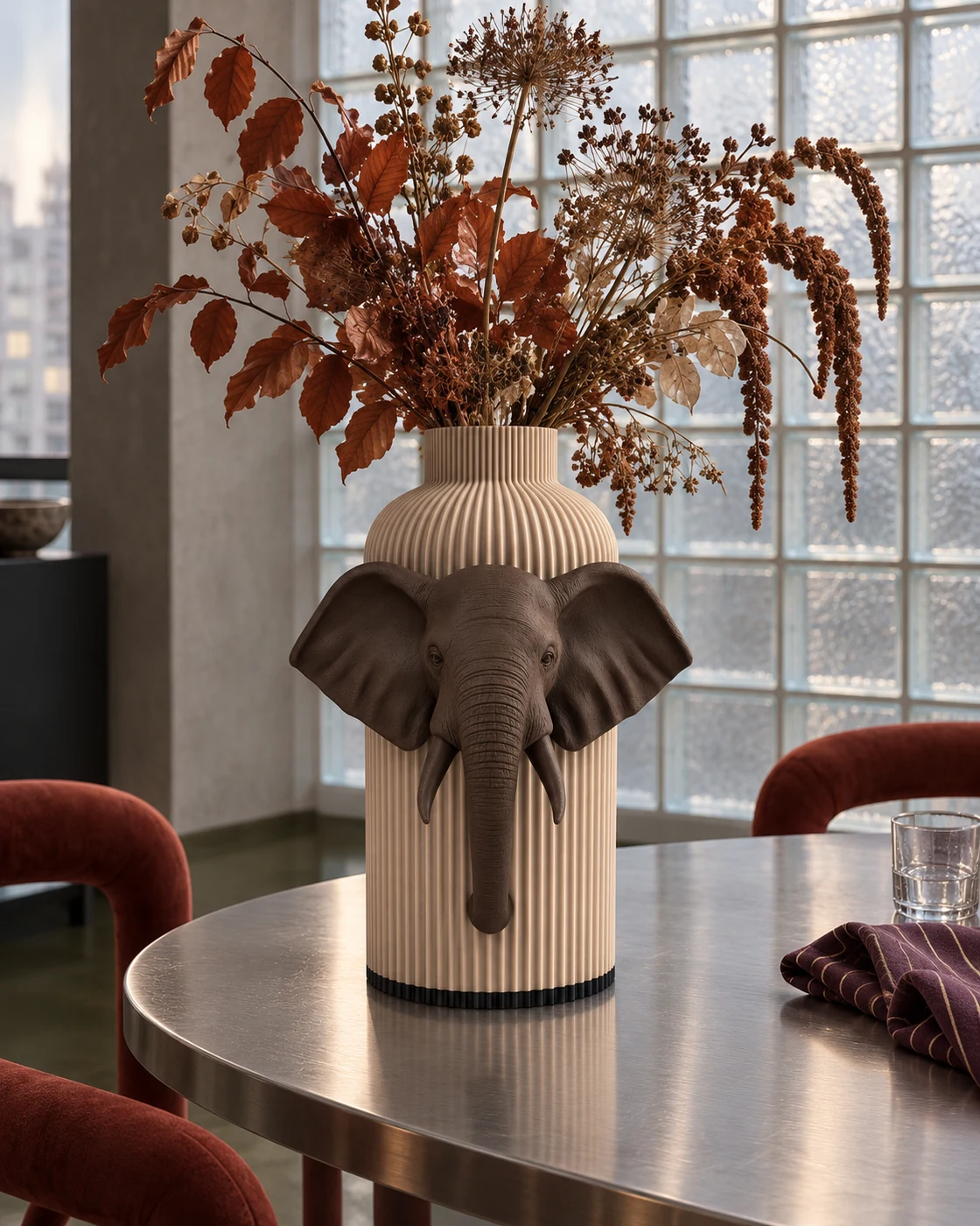 Vaso Elefante della Marrone e Crema Collection ambientato in un interno