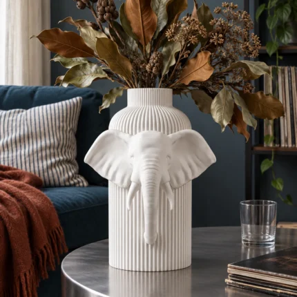 Vaso Elefante Maestoso bianco della White Collection, ambientato con una composizione di rami e foglie secche.