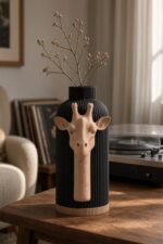 Vaso Giraffa Black Creme, corpo nero con decorazione e bordo alla base color crema, ambientato con rami secchi.