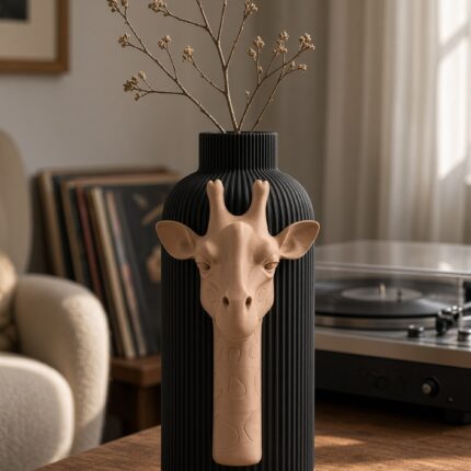 Vaso Giraffa Black Creme, corpo nero con decorazione e bordo alla base color crema, ambientato con rami secchi.