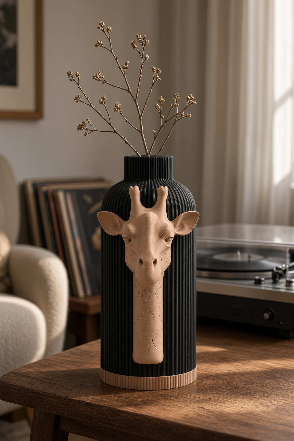 Vaso Giraffa Black Creme, corpo nero con decorazione e bordo alla base color crema, ambientato con rami secchi.