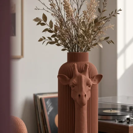 Vaso Giraffa marrone della Brown Collection, ambientato con rami decorativi e foglie secche.