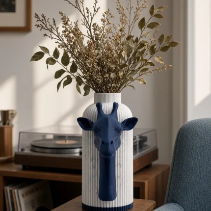 Vaso Giraffa con corpo chiaro effetto marmo e decorazione blu notte, della Marble and Blue Collection, ambientato con rami decorativi e foglie secche.