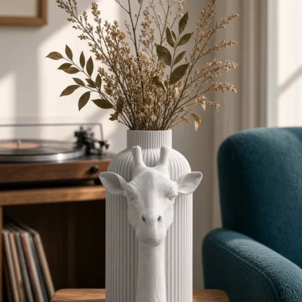 Vaso Giraffa chiaro effetto marmo della Marble Collection, ambientato con rami decorativi e foglie secche.