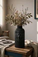 Vaso Leone Potente nero della Black Collection, ambientato con rami decorativi e foglie secche.