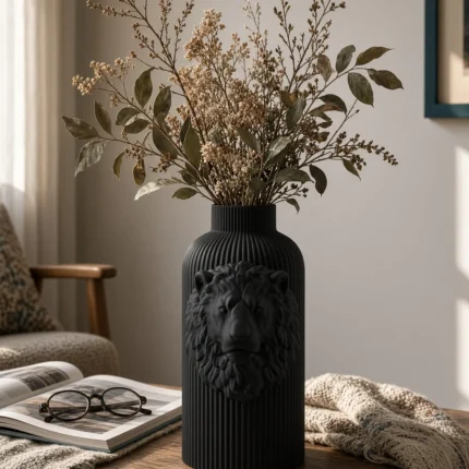 Vaso Leone Potente nero della Black Collection, ambientato con rami decorativi e foglie secche.