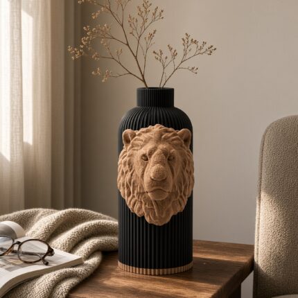 Vaso Leone Black Creme, corpo nero con decorazione e bordo alla base color crema, ambientato con rami secchi.