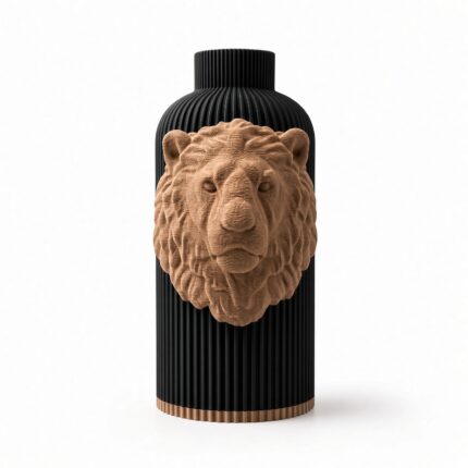 Vaso Leone Black Creme, corpo nero con decorazione e bordo alla base color crema, vista frontale su fondo bianco.