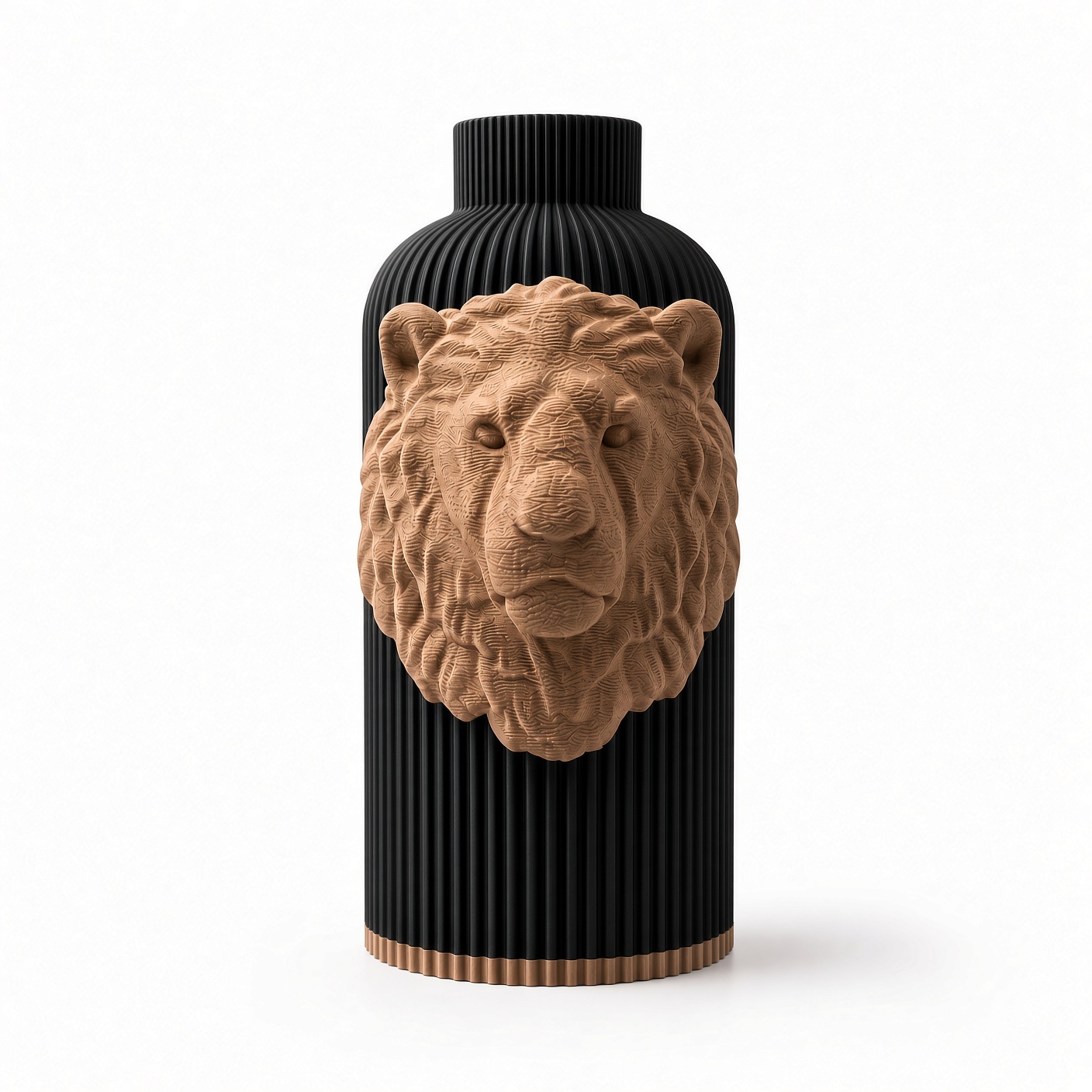 Vaso Leone — Black Creme Collection, frontale Vaso Leone Black Creme, corpo nero con decorazione e bordo alla base color crema, vista frontale su fondo bianco.