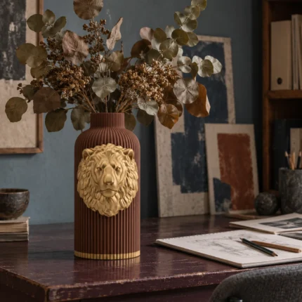 Vaso Leone Potente marrone con decorazione color oro, ambientato con una composizione di rami secchi.