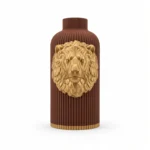 Vaso Leone Potente marrone con decorazione color oro, vista frontale su fondo bianco.