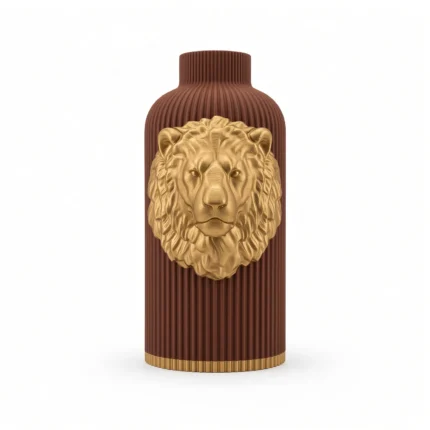 Vaso Leone Potente marrone con decorazione color oro, vista frontale su fondo bianco.