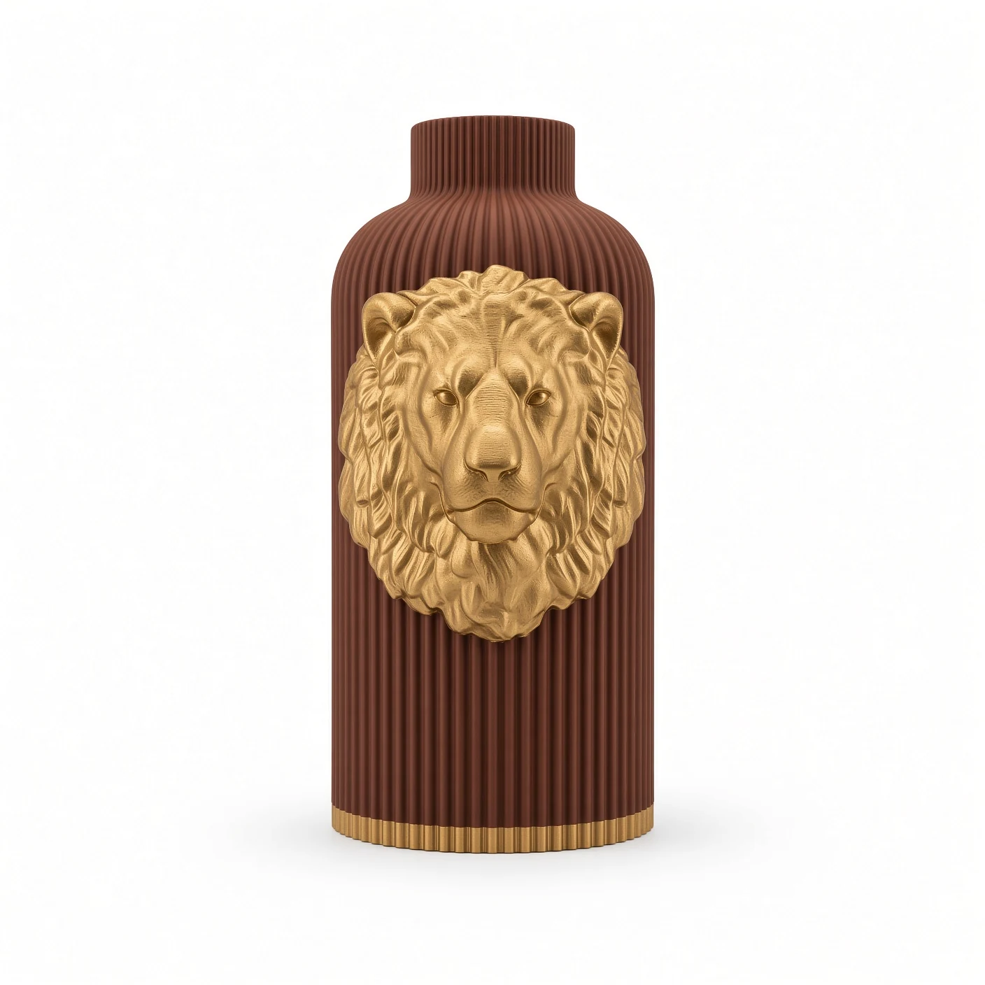 Vaso Leone Potente Brown and Gold — frontale Vaso Leone Potente marrone con decorazione color oro, vista frontale su fondo bianco.