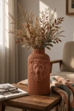 Vaso Leone marrone della Brown Collection, ambientato con rami decorativi e foglie secche.