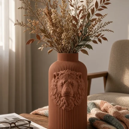 Vaso Leone marrone della Brown Collection, ambientato con rami decorativi e foglie secche.
