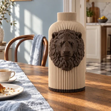 Vaso Leone marrone e crema della Marrone e Crema Collection, ambientato con rami decorativi e foglie secche.