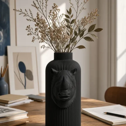 Vaso Rinoceronte Corazzato nero della Black Collection, ambientato con rami decorativi e foglie secche.