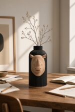 Vaso Rinoceronte Black Creme, corpo nero con decorazione e bordo alla base color crema, ambientato con rami secchi.