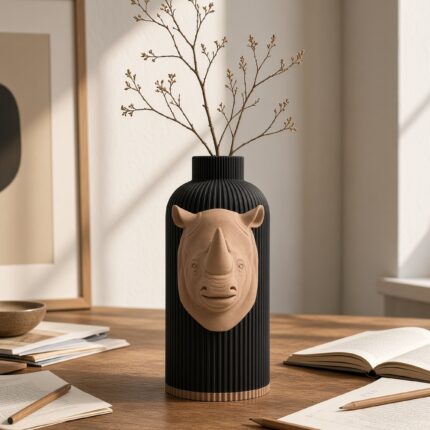 Vaso Rinoceronte Black Creme, corpo nero con decorazione e bordo alla base color crema, ambientato con rami secchi.