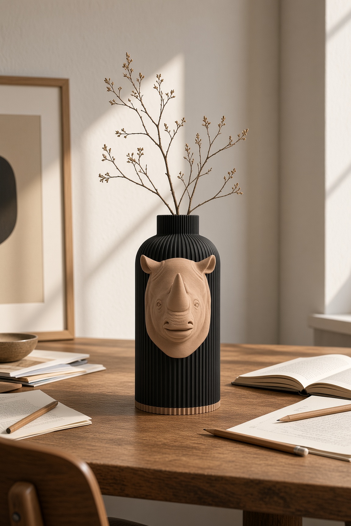 Vaso Rinoceronte Black Creme, corpo nero con decorazione e bordo alla base color crema, ambientato con rami secchi.