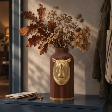 Vaso Rinoceronte Corazzato marrone con decorazione color oro, ambientato con una composizione di rami secchi.