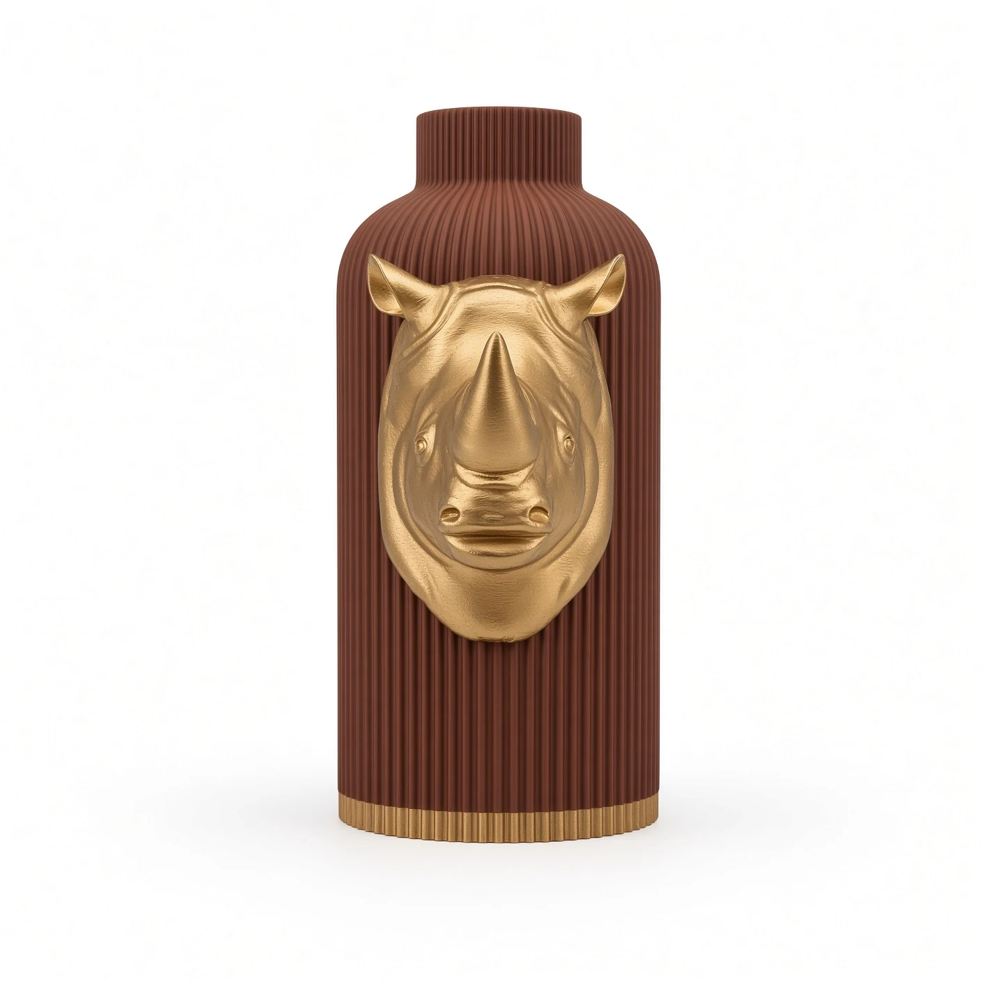 Vaso Rinoceronte Corazzato Brown and Gold — frontale Vaso Rinoceronte Corazzato marrone con decorazione color oro, vista frontale su fondo bianco.