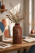 Vaso Rinoceronte marrone della Brown Collection, ambientato con rami decorativi e foglie secche.