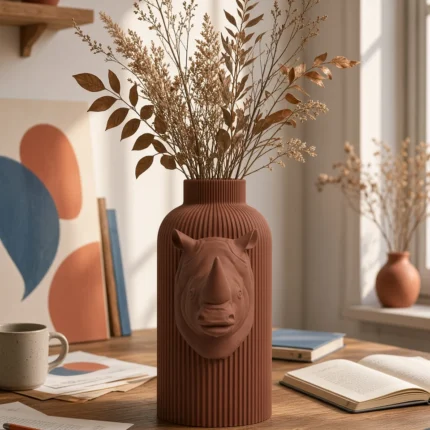 Vaso Rinoceronte marrone della Brown Collection, ambientato con rami decorativi e foglie secche.