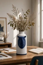 Vaso Rinoceronte con corpo chiaro effetto marmo e decorazione blu notte, della Marble and Blue Collection, ambientato con rami decorativi e foglie secche.