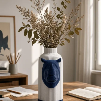 Vaso Rinoceronte con corpo chiaro effetto marmo e decorazione blu notte, della Marble and Blue Collection, ambientato con rami decorativi e foglie secche.