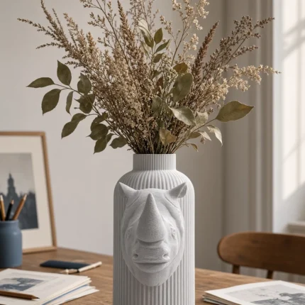 Vaso Rinoceronte chiaro effetto marmo della Marble Collection, ambientato con rami decorativi e foglie secche.